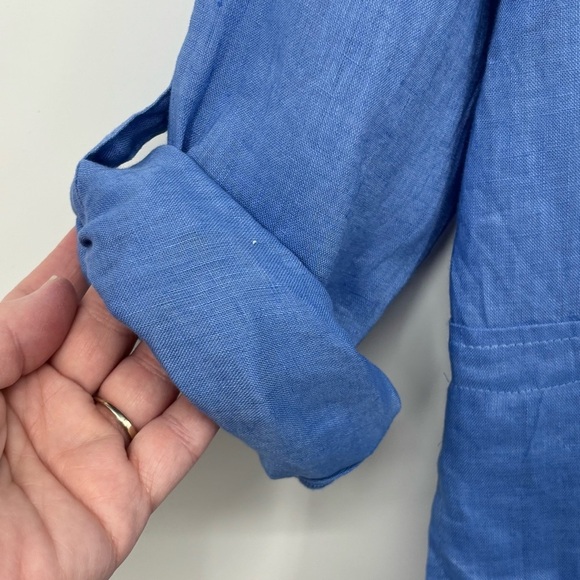 J. Jill Love Linen Casual Blue Button Down tunic top pockets Sz Med coastal - Picture 4 of 10